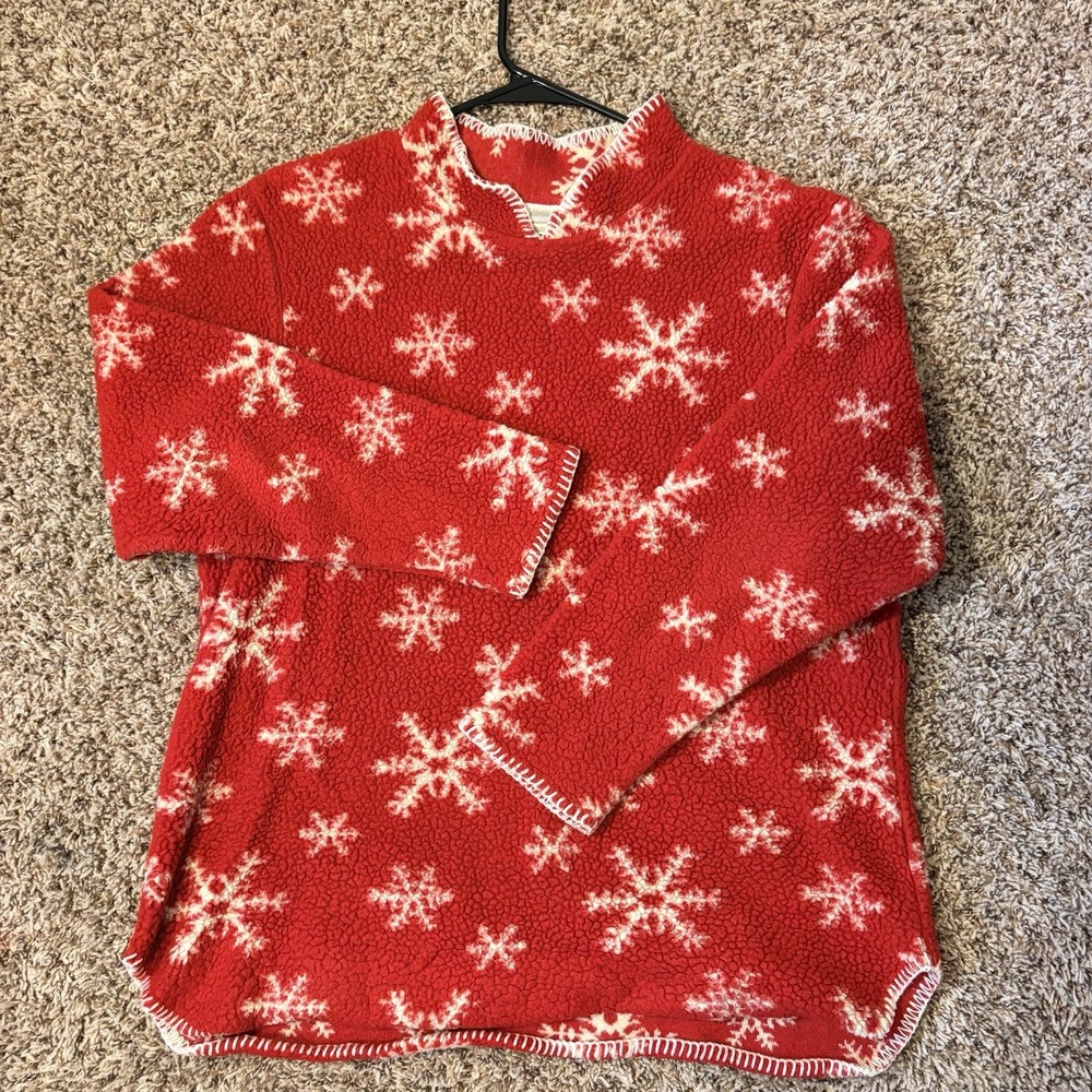 Coldwater Creek Red Snowflake Fleece Mock Neck Long Sleeve Pullover Sweater M